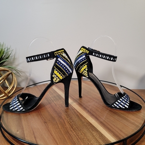Nicole Miller Beaded Heels Multi Color Seed Bead Black Leather Stiletto Size 7.5 - Picture 10 of 16